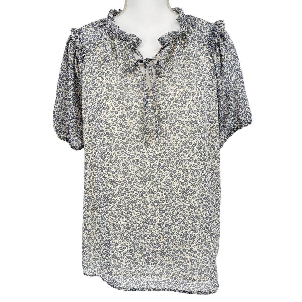 PLEIONE Floral Cottagecore Ruffle Tie Neck Blouse Romantic Boho Top Size L